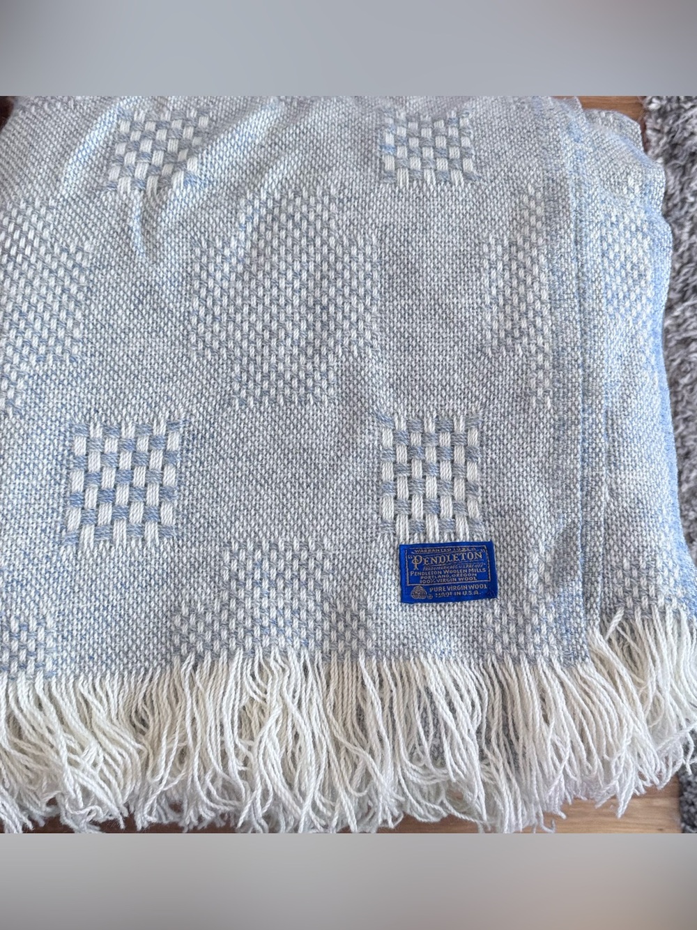 Vintage Pendleton 100% Wool Pale Blue and White Woven Wool Blanket with Fringe